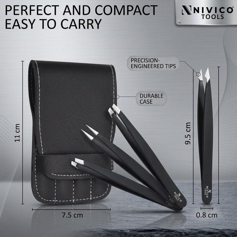 Nivico Tools Premium Eyebrow Tweezers Set – Professional Surgical-Grade Stainless Steel Precision Plucking Kit (Slant, Pointed, Flat, Angled) – Facial Hair & Splinter Removal with Leather Pouch