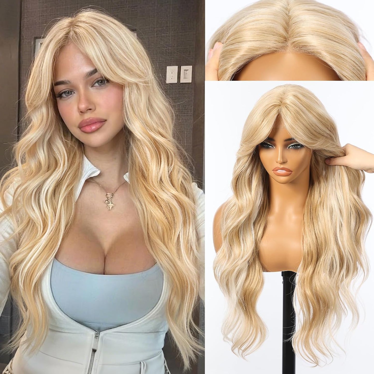 KOME Ash Brown Synthetic Lace Front Wig - T Part Glueless Long Body Wavy Style | 28 Inch with Bangs for Women