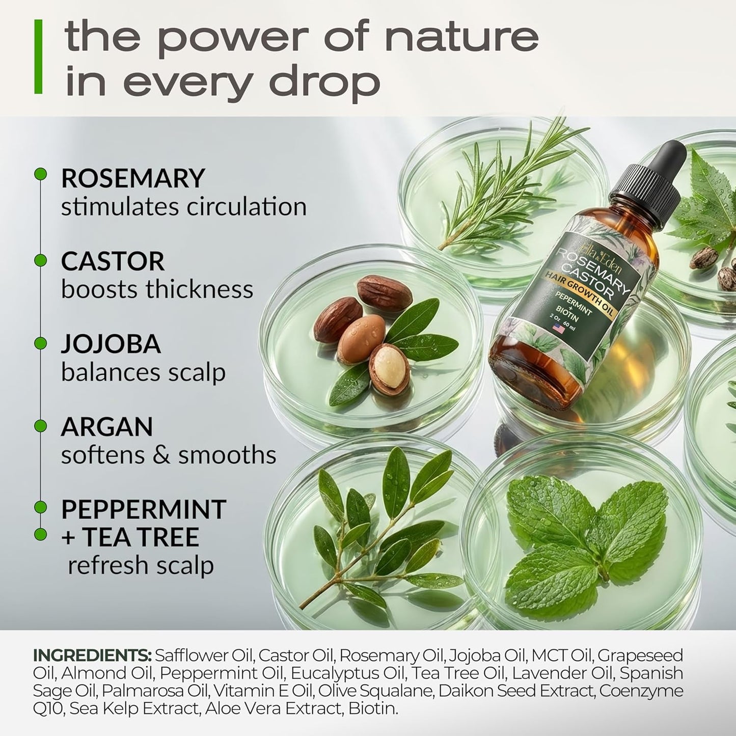 Hair Growth Oil - Rosemary, Castor & Peppermint Oils with Biotin - Dry Scalp Treatment | 2 Fl Oz Glass Bottle
