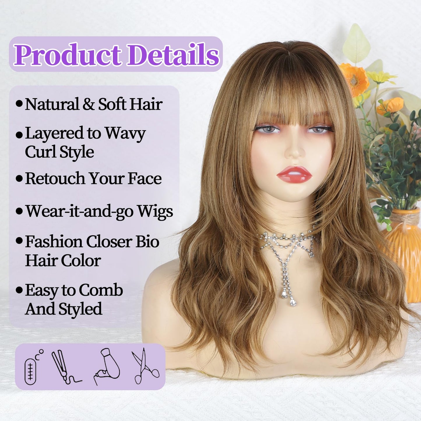XIXIBI Light Brown Wig with Bangs for Women, Ombre Brown Mixed Blonde Highlights Layered Curly Wavy Wigs, Beginner Friendly 4x4 Realistic Scalp Synthetic Wigs for Daily Party Use 18Inch