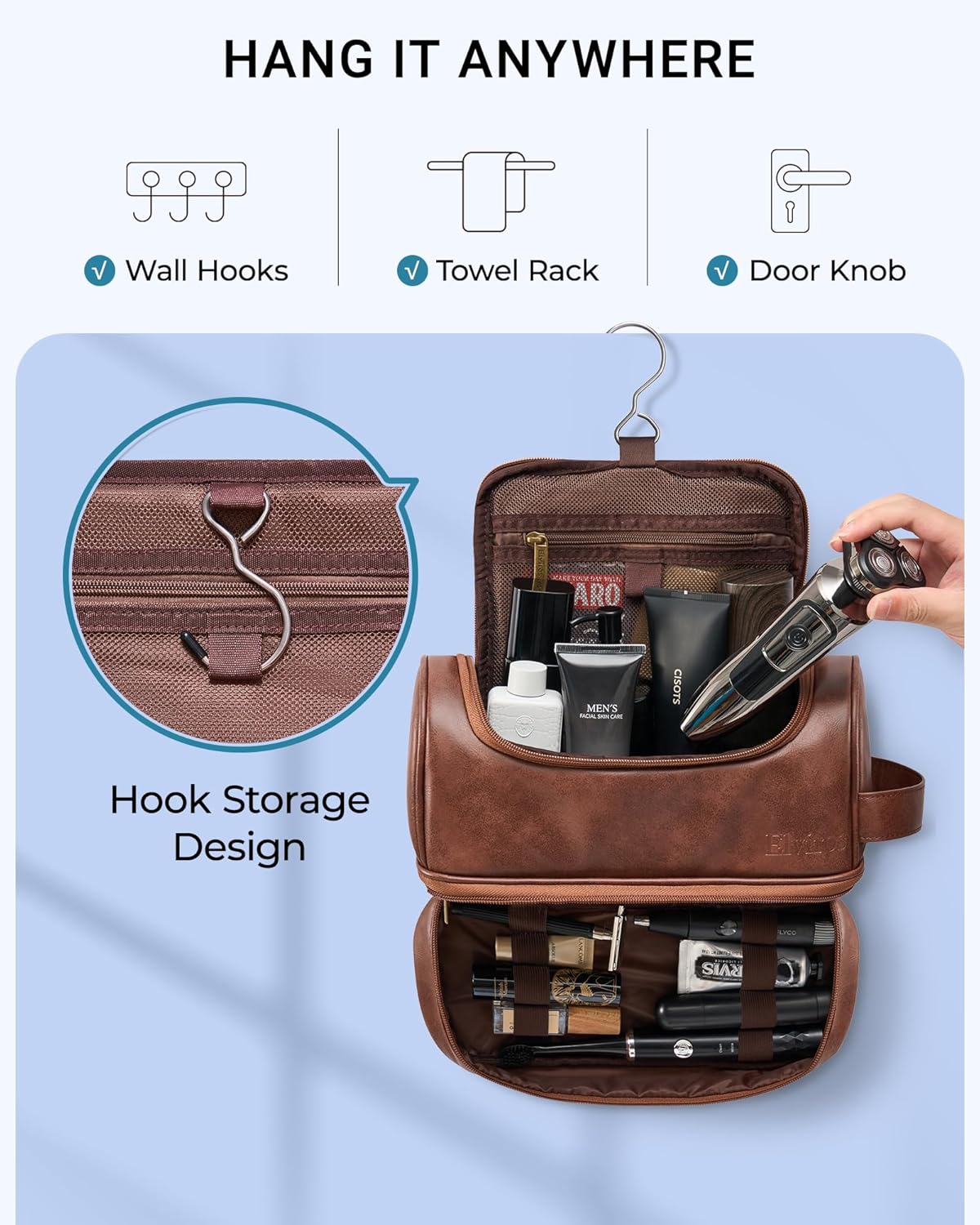 Elviros Toiletry Bag - Men's PU Leather Travel Organizer Kit | Large Water-Resistant Bathroom Shaving Bag (Dark Brown)