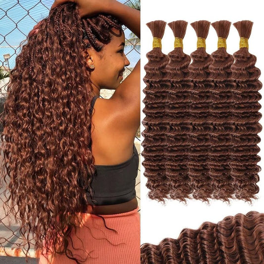 160g 5 Bundles Brown Human Braiding Hair Deep Water Wave Bulk 22 Inch Color 30 Curly for Boho Braids Extensions No Weft 5 Braids Per Pack Wet and Wavy