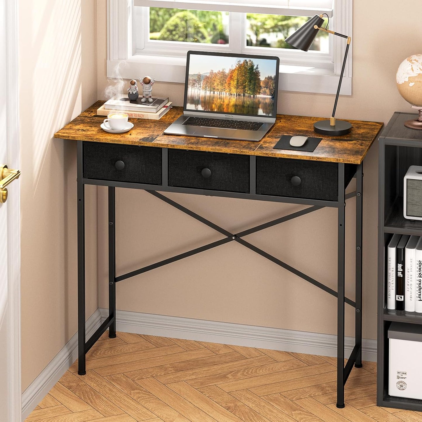 Small Writing Desk - 37.2 Inch Computer Desk with 3 Drawers | Rustic Brown for Bedroom, Home Office, Dorm