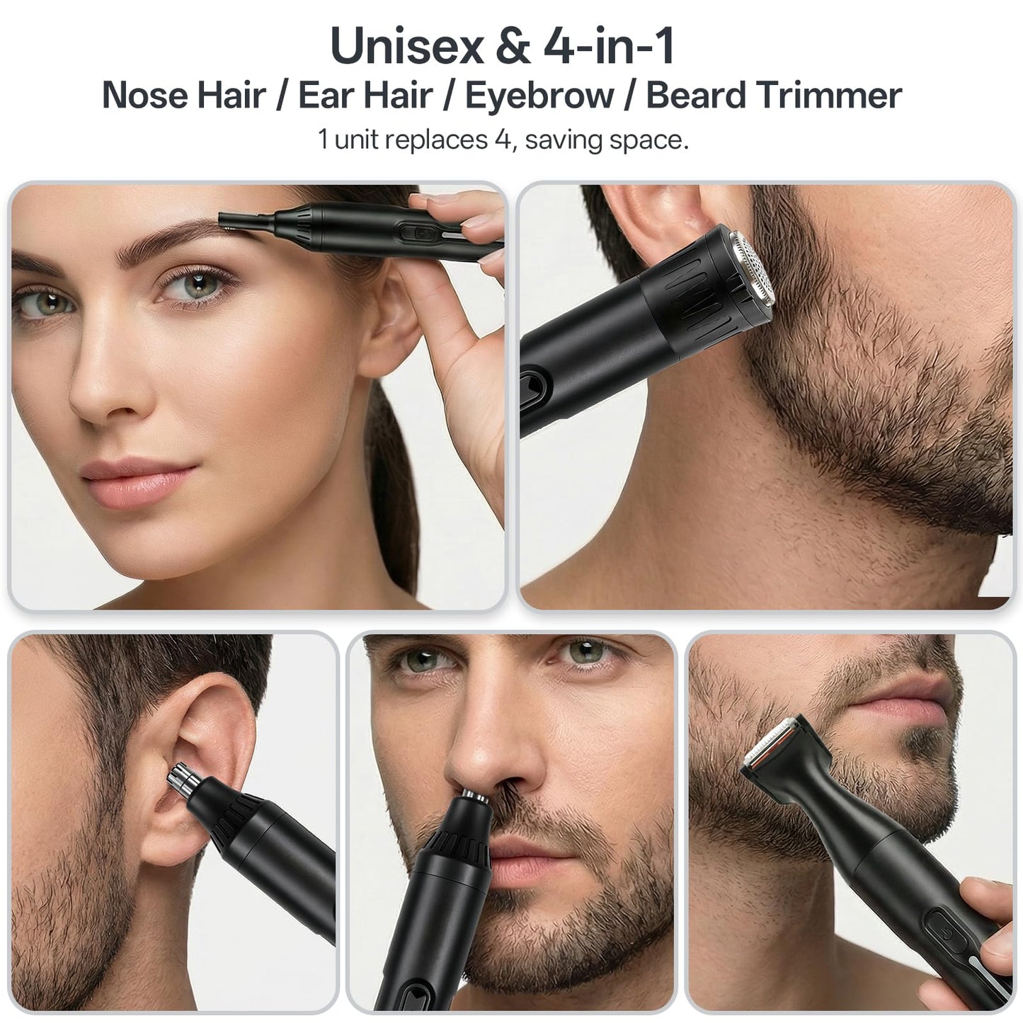 Rechargeable Nose Hair Trimmer - 4-in-1 Ear Eyebrow Beard Grooming Kit for Men & Women, Waterproof Quiet Motor, Fast Charging | 11000 RPM | Portable Travel Size Nose Trimmer Beard Trimmer (Black)