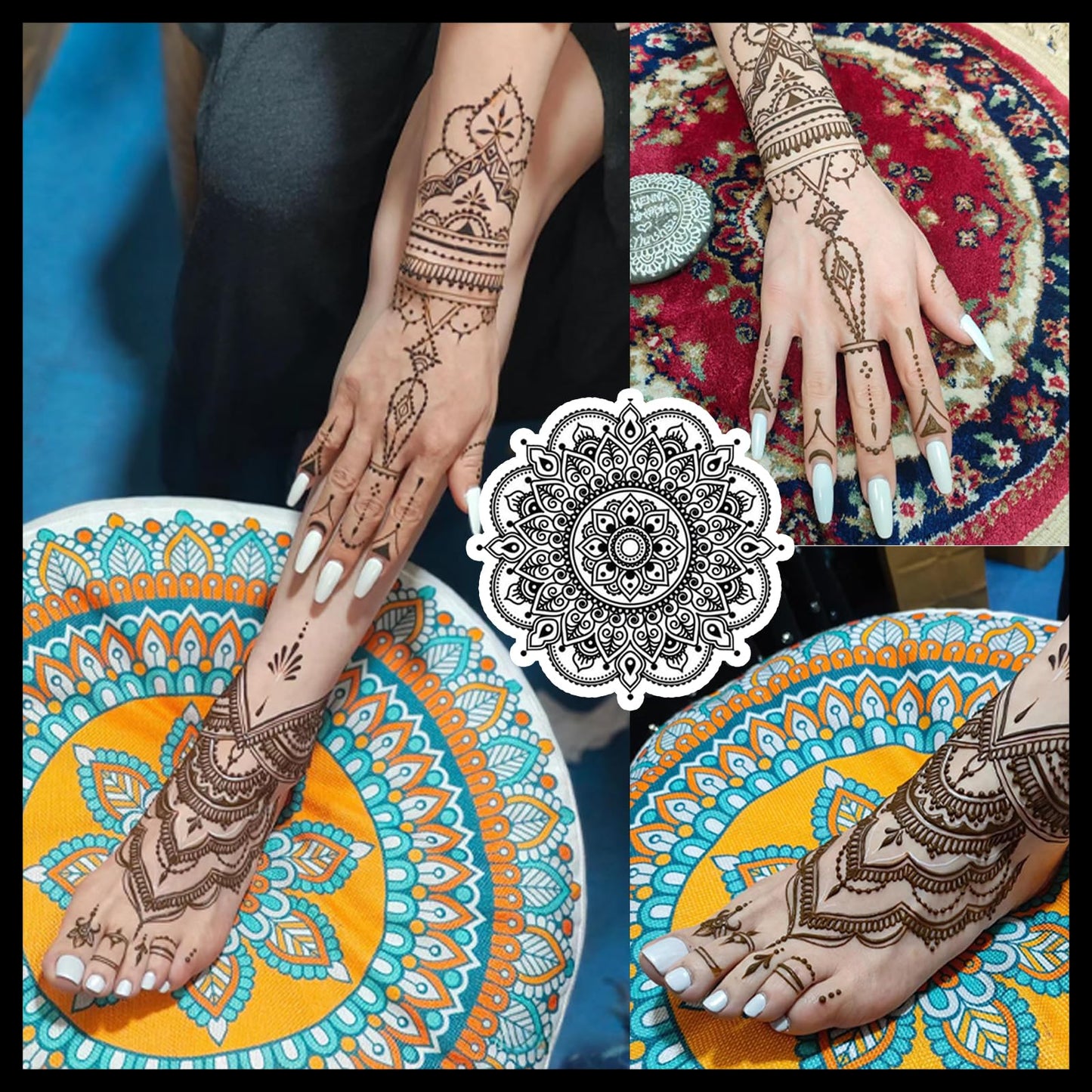 Temporary Tattoos Kit, 6Pcs Semi Permanent Tattoo Paste Cones, India Body DIY Art Painting for Women Men Teens,Summer Trend Freehand Plaste with 3 Colors,20Pcs Adhesive Stencil,1Pc Bottle,4Pcs Nozzles