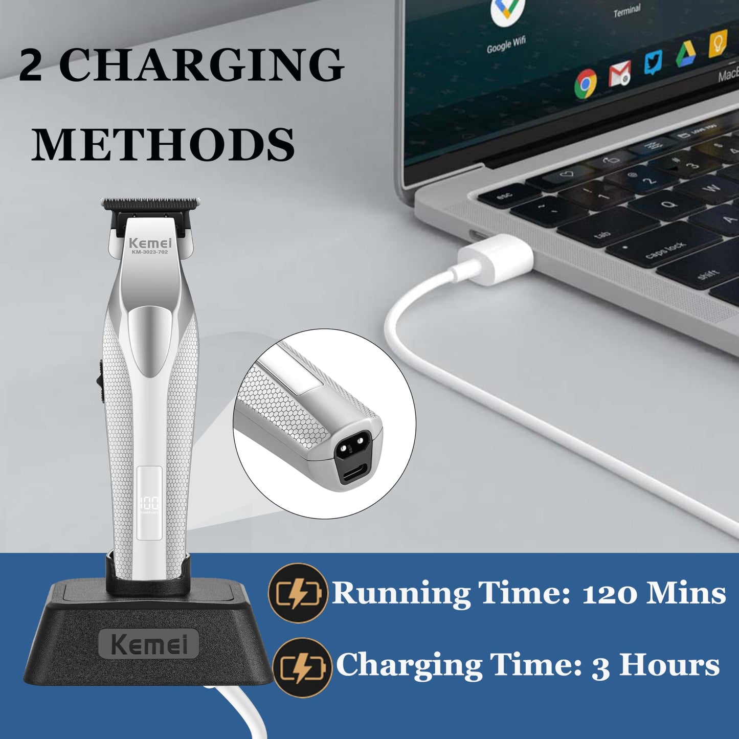 KEMEI Hair Trimmer for Men, Coldless Hair Clippers for Men Professional 9000 RPM Mens Hair Trimmer with LED Display Zero Gap Trimmers for Barbers Ceramic and DLC Blades KM-3023-702