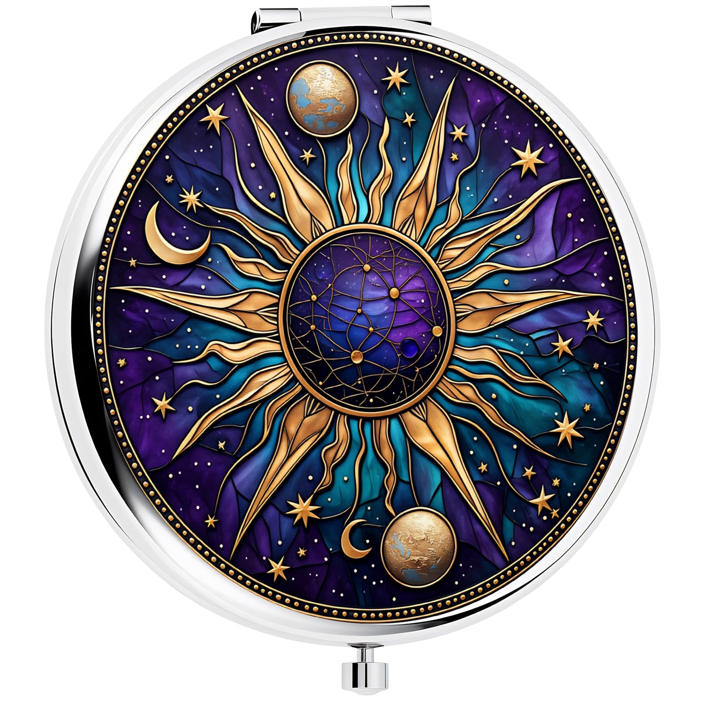 Silver Compact Mirror, 2.8x2.8inch Double-Sided Folding Makeup Mirror with Purple Sun Moon Design, Ideal Gift for Women