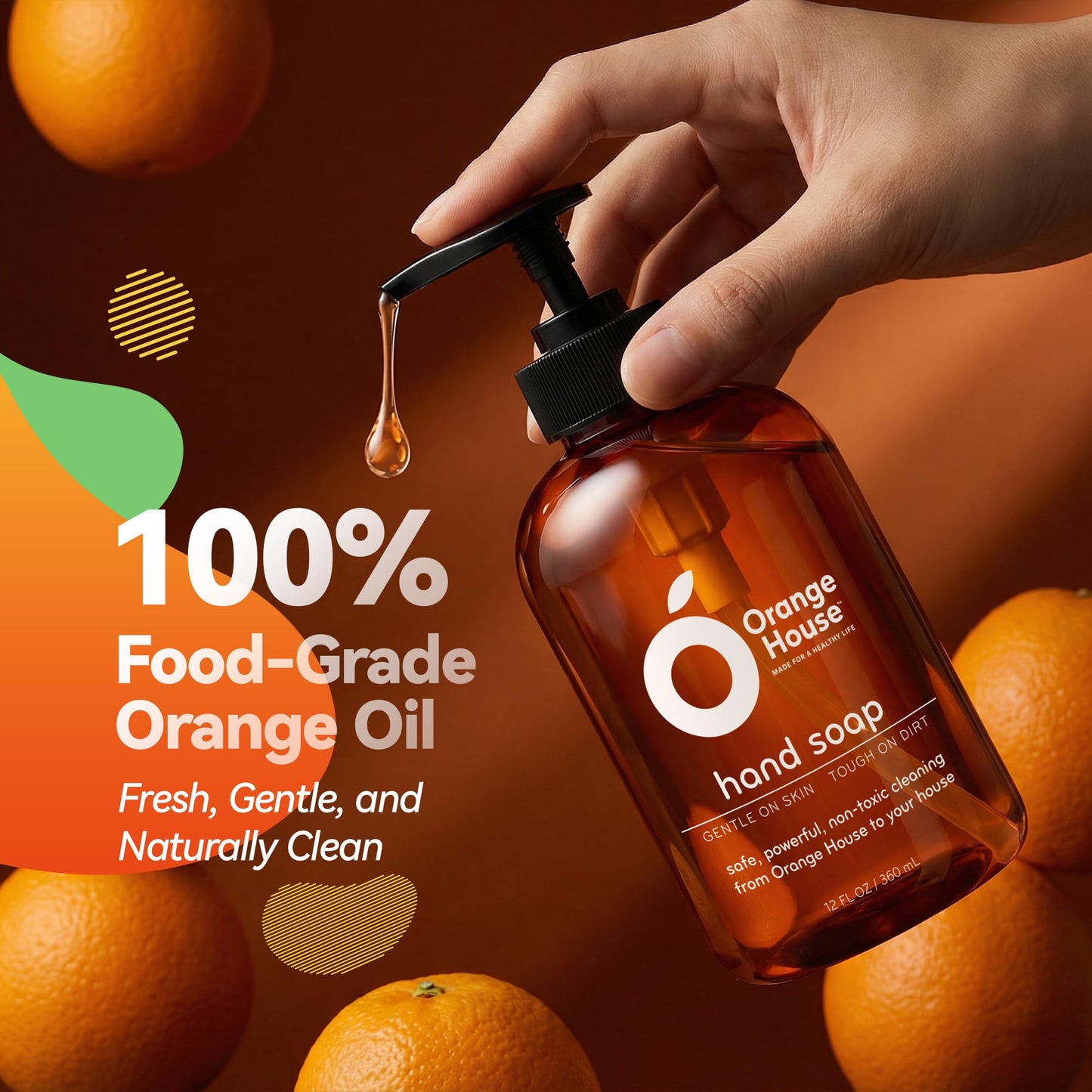 ORANGE HOUSE Natural Liquid Hand Soap, Food-Grade Orange Oil Moisturizing Hand Wash, Plant-Based & Hypoallergenic, Gentle for Sensitive Skin, Non-Toxic Citrus Scented Soap, 12 Fl Oz Pump Bottle