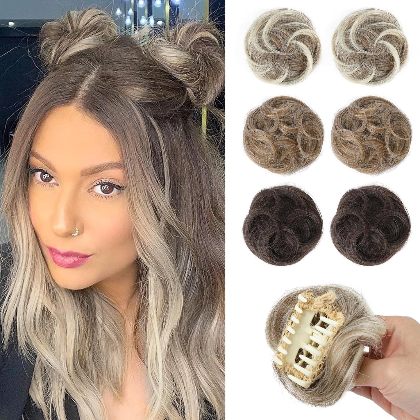 Mini Claw Clip Hair Bun Extensions - 2 PCS Messy & Cat Ears Updo Accessories | Golden Blonde Mix