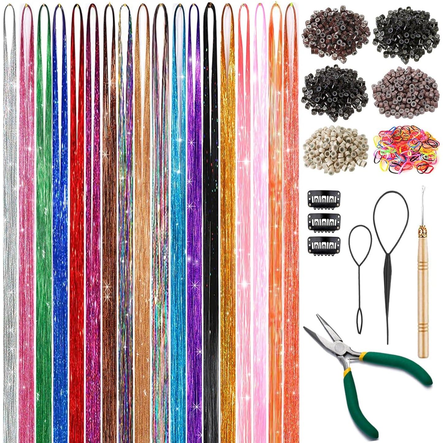 Hair Tinsel Kit - 48 Inch Glitter Tinsel Hair Extensions with 18 Colors | Heat Resistant Accessories for Women, Girls, and Kids