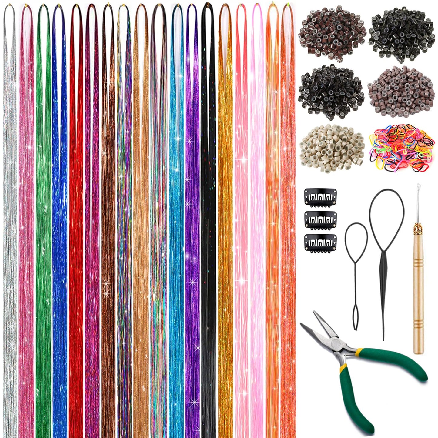Hair Tinsel Kit, 18 Colors Glitter Tinsel Hair Extensions with Tools