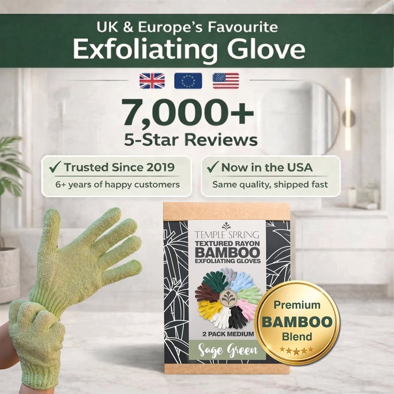 Temple Spring Shower Gloves Exfoliating for Women – Natural Textured Rayon Bamboo Exfoliating Glove with Thicker Weave for Deep Cleansing, Dead Skin Removal & Smooth Radiant Skin (1 Pair, Sage Green)