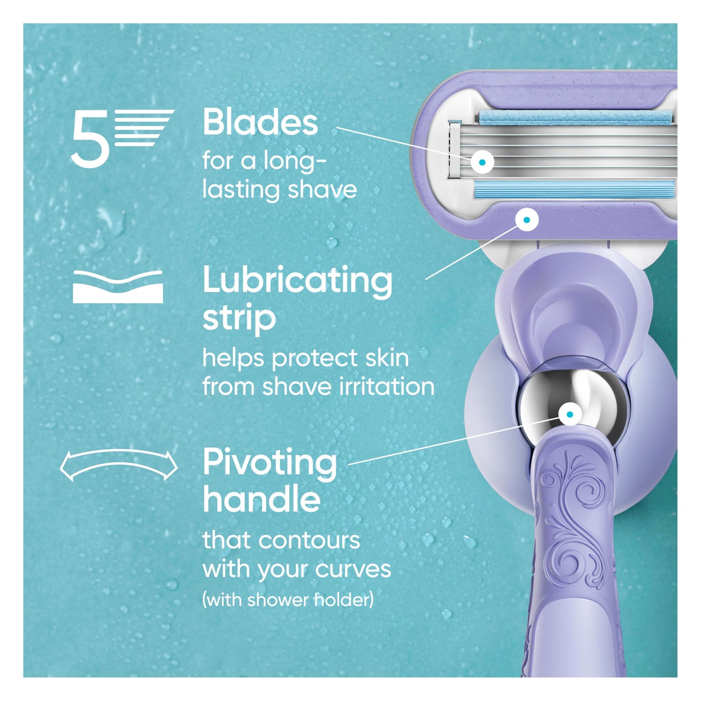 Gillette Venus Razor for Women, Extra Smooth Contour, Includes 1 Reusable Razor Handle + 4 Count 5-Bladed Razor Refills, with Flexiball Pivoting Handle and Shower Holder