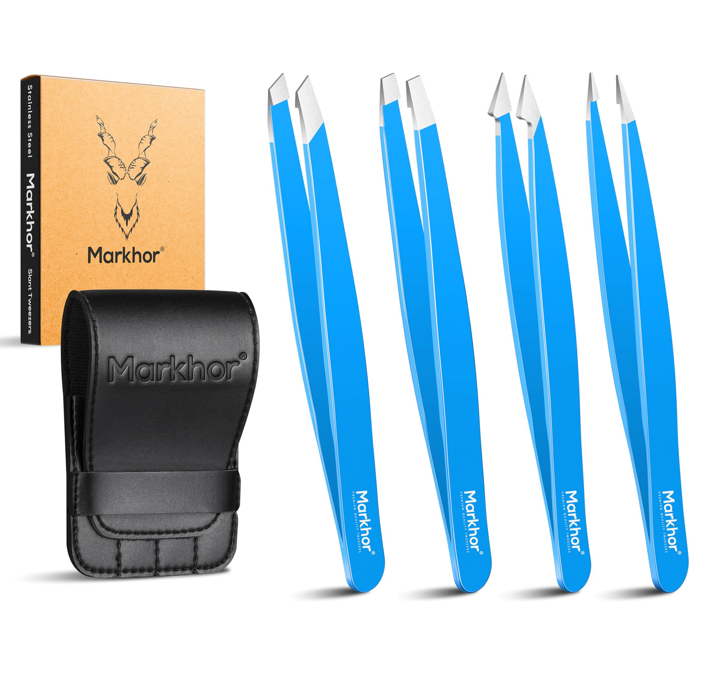 MARKHOR® Royal Blue Eyebrow Tweezers for Women Facial Hair, Splinter and Ingrown Hair Removal Tweezers Set, Professional Pointed and Slant Tweezers for Eyebrows, Precision Tweezers for Eyebrows