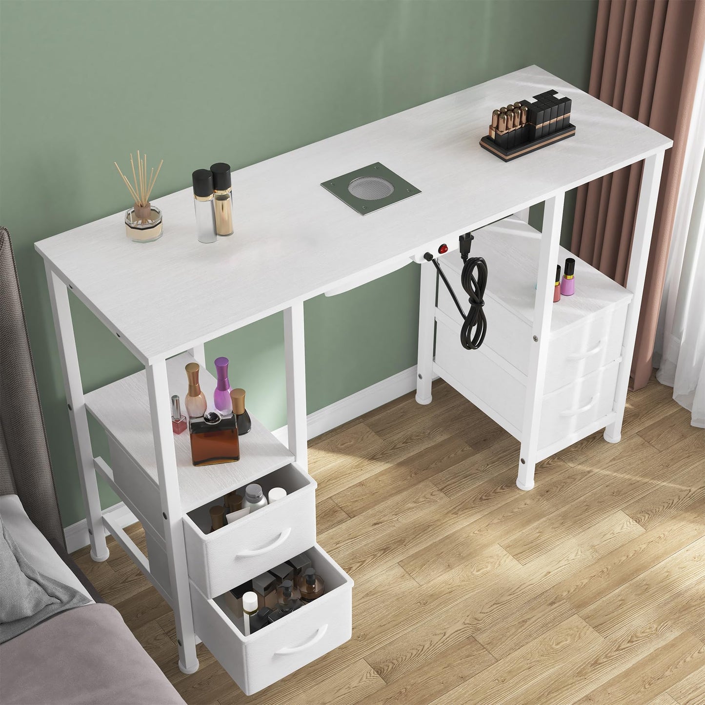 WODRAWER Manicure Table for Nail Tech, Nail Tech Table Station w/4 Storage Drawers & 2 Open Shelves, Nail Table w/Dust Collector for Beauty Salon Tech Station (White)