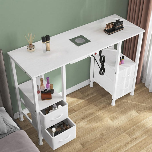 WODRAWER Manicure Table for Nail Tech, Nail Tech Table Station w/4 Storage Drawers & 2 Open Shelves, Nail Table w/Dust Collector for Beauty Salon Tech Station (White)