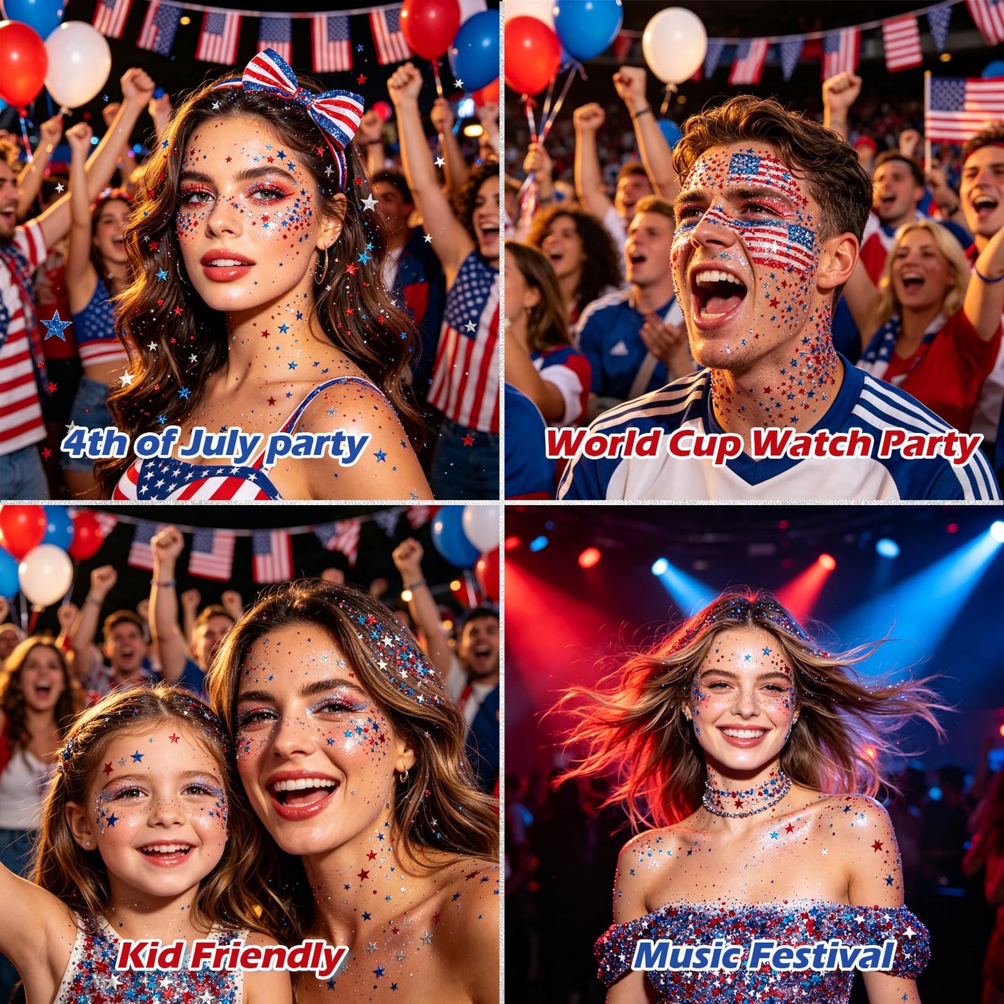 Patriotic 4th of July Glitter Stick, Sparkle Red White and Blue Face Hair Body Glitter Independence Day 250 Anniversary Party, USA Flag 4th of July Outfits and Accessories for Women Kids, Memorial Day