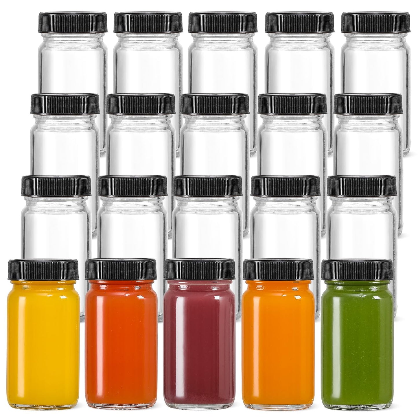 20 PACK 2 oz Glass Shot Bottles w/ Black Lids & 20 Labels - Small Clear Jar for Ginger, Wellness Shot, Juice, Sample, Whiskey - Travel Essentials Mini Bottles - Wide Mouth, Leakproof, Dishwasher Safe