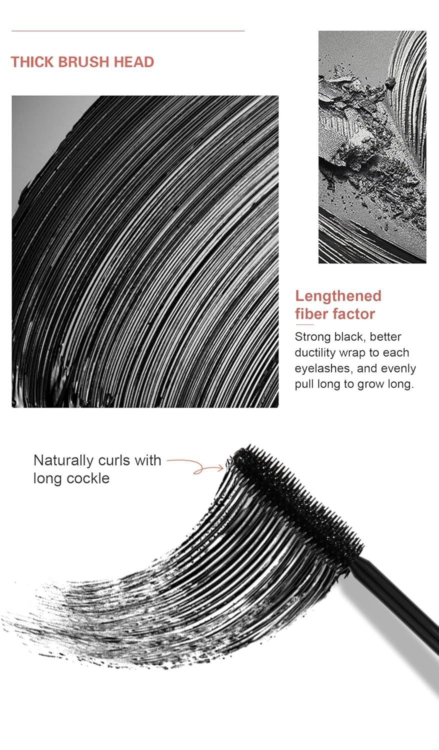 Waterproof Lengthening & Curling Mascara - Natural Fiber Formula for Long, Dense Lashes | Smudge-Proof, Black