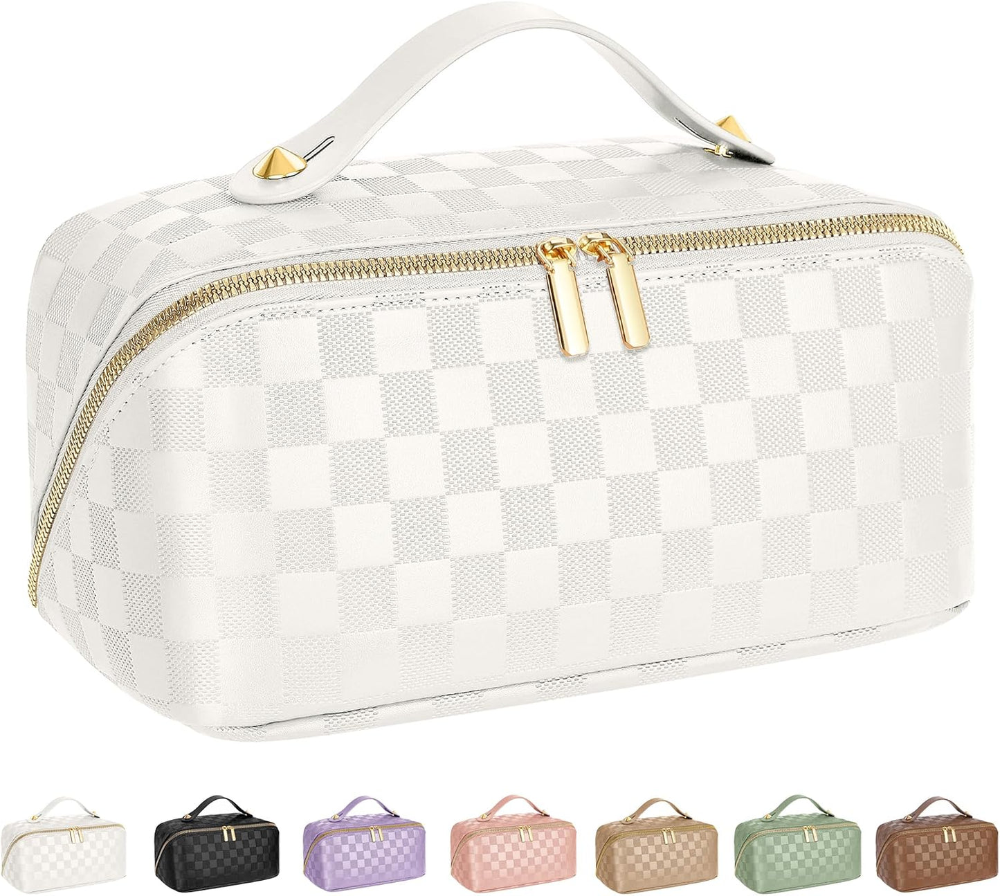 Large Capacity Travel Cosmetic Bag - Waterproof PU Leather Makeup Organizer with Dividers | Stylish Checkered Design