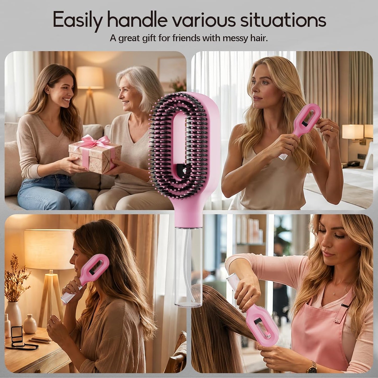 Continuous Mist Spray Hair Brush - 2-in-1 Detangling Tool for Frizz Control | Pink for Wet & Dry Styling