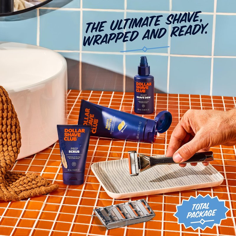 Dollar Shave Club | Total Package Gift Set | 4 Extra Close Refill Cartridges, 1 Heavy Metal Handle, 1 Prep Scrub 3 ounce, 1 Shave Butter 3 ounce, 1 Post Shave Dew 3.4 ounce, Razors for Men
