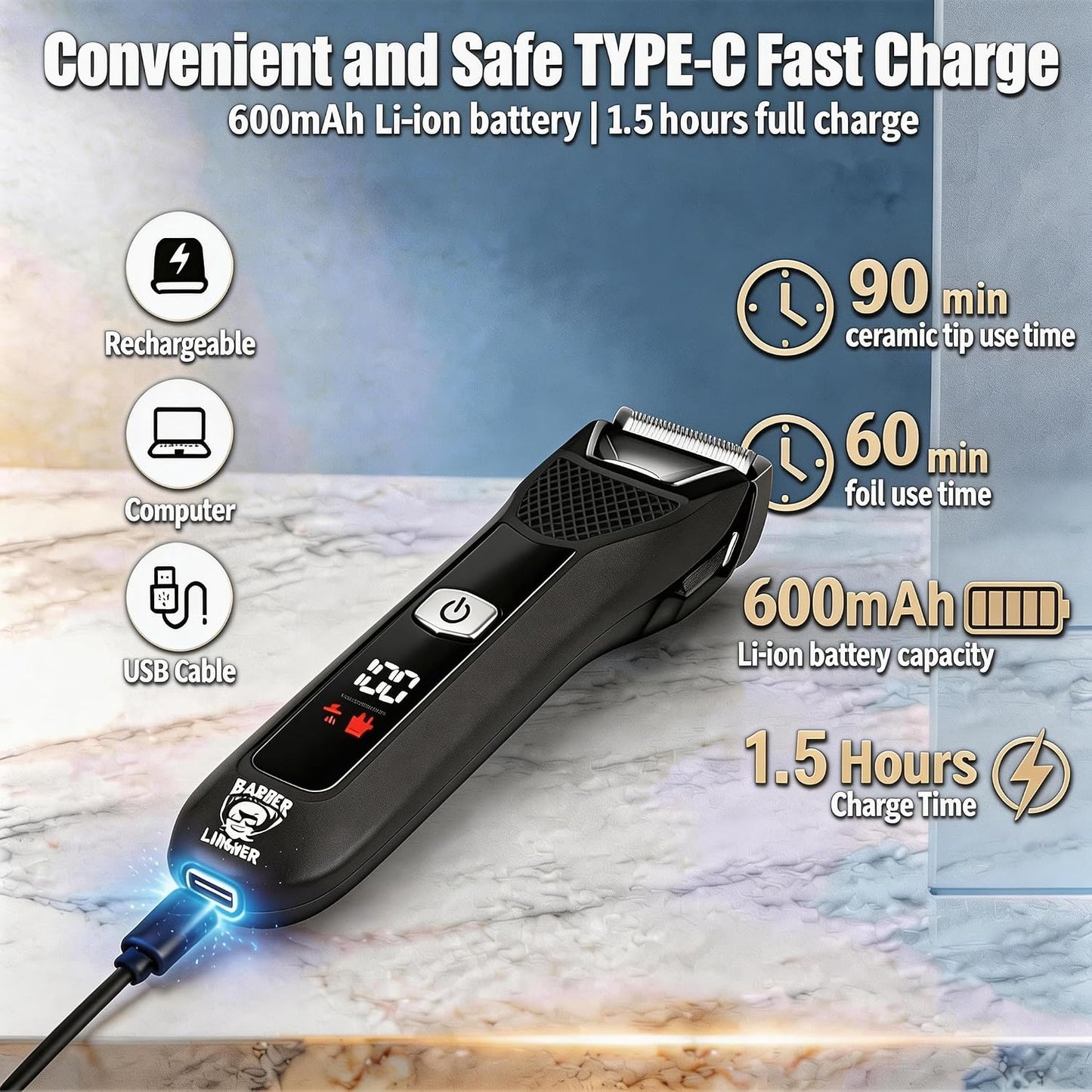 Body Hair Trimmer for Men - 2-in-1 Electric Groomer with Dual-Head Ceramic Blade | IPX7 Waterproof, LED Light