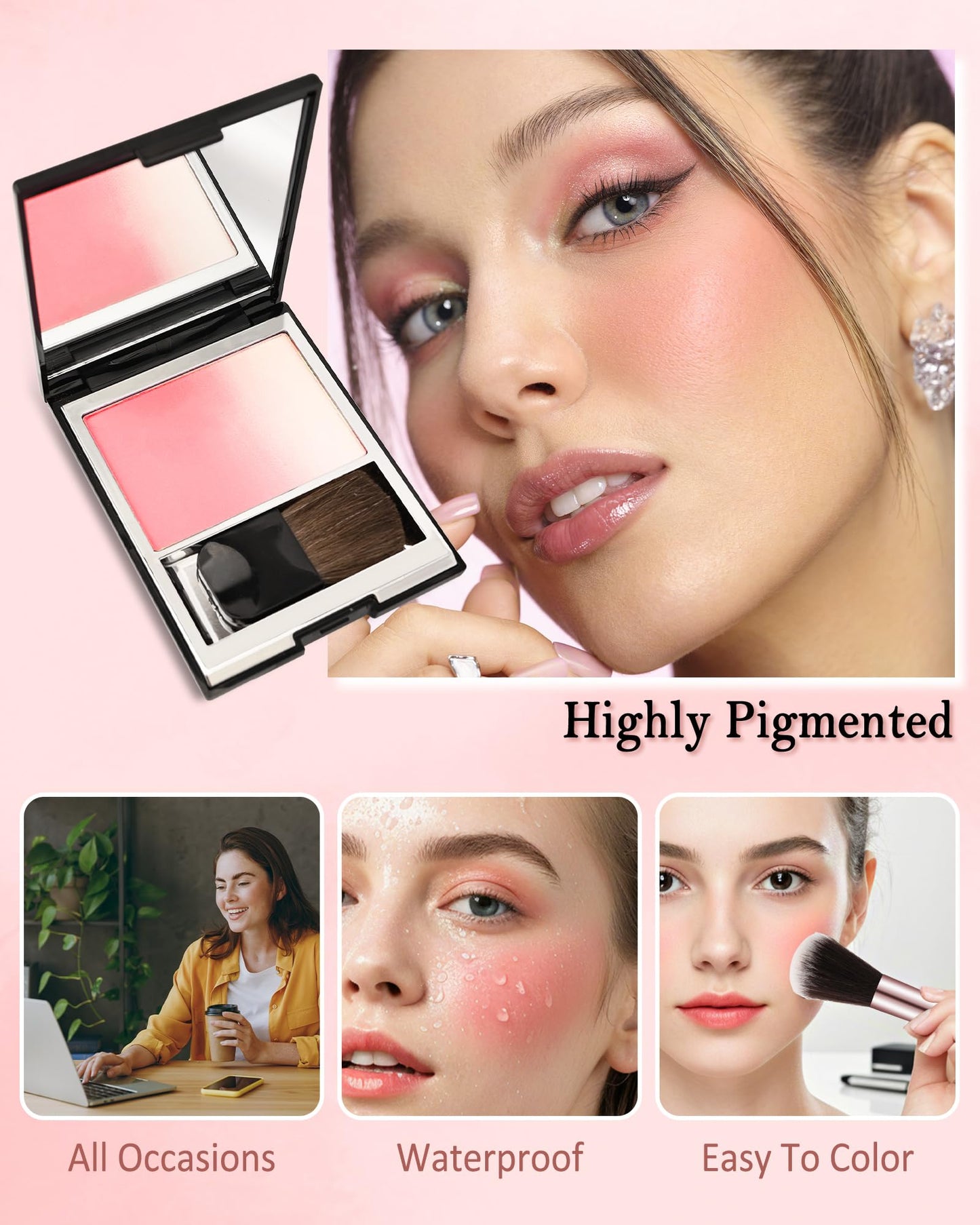 Blush Powder for Cheeks,Gradual Shimmer Pink Blusher Palette with Brush,Lightweight Buildable Color Blush Hightlighter Powder,Longlasting Waterproof Facial Makeup,Women's Day Gift for Women Girl-05#
