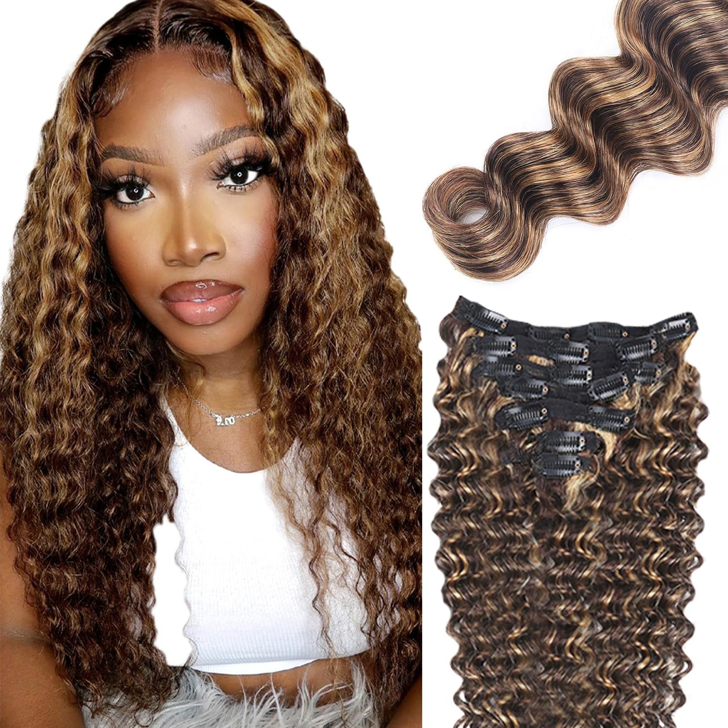 P427 Blonde Clip in Hair Extensions Real Human Hair, 26 Inch 120g/7Pcs,Full Shine Remy Human Hair,Highlight Brown Deep Wave Clip ins Brazilian Virgin Human Hair Extensions