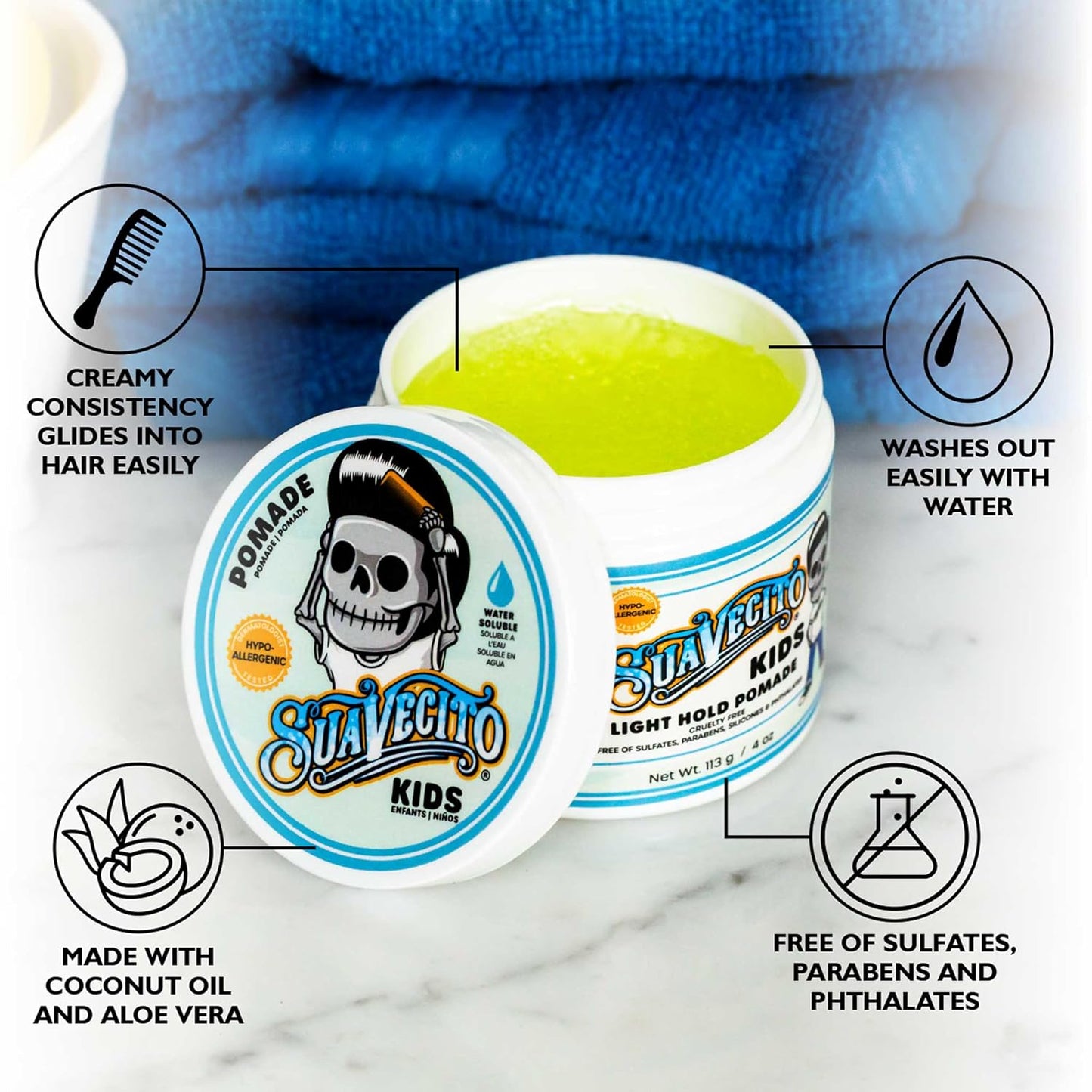 Suavecito Kid's Pomade - Calming Chamomile Scent, Light Hold | 4 oz Water-Based Hair Gel, Hypoallergenic Formula