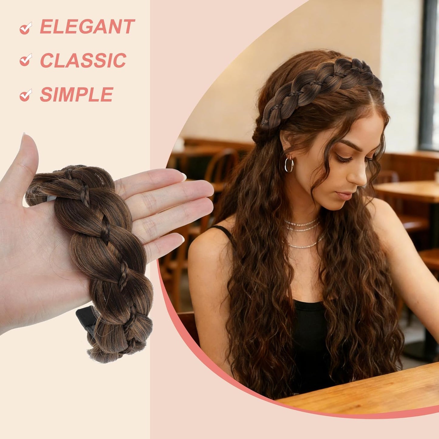 Braided Hairpiece Headband - Synthetic Wide Hair Band for Versatile Styles | Brown