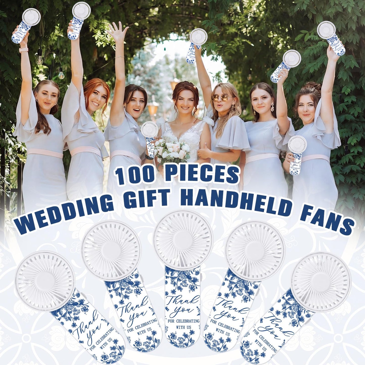 Tujoe 100 Pcs Wedding Handheld Fans for Guests Mini Personal Portable Fans Bulk Thank You for Celebrating with Us Fan for Wedding Bridal Shower Party Favors Summer Travel (Blue and White Porcelain)