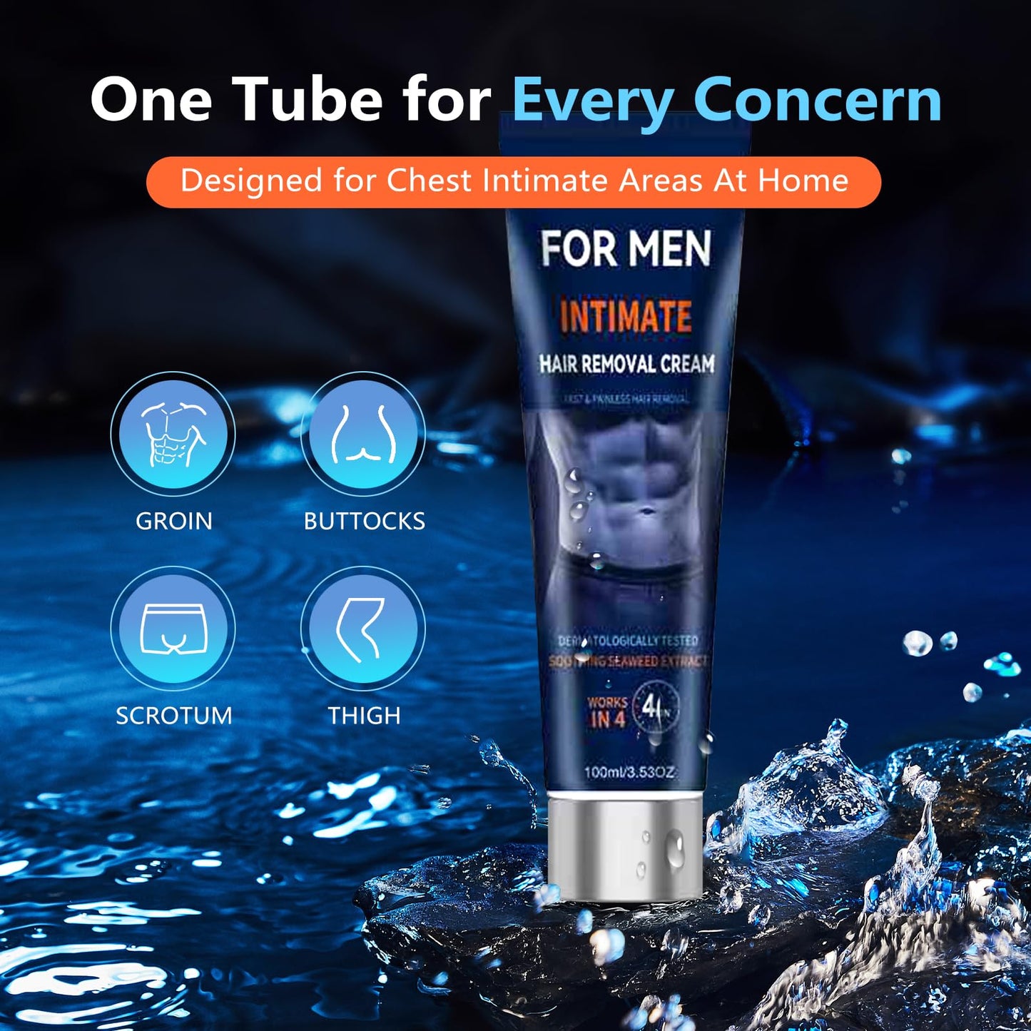 Painless Hair Removal Cream for Men, Intimate & Body Depilatory Cream for Male Grooming, Quick Hair Dissolving, Moisturizing Gentle Formula with Seaweed Extract, 100ml (1pcs)