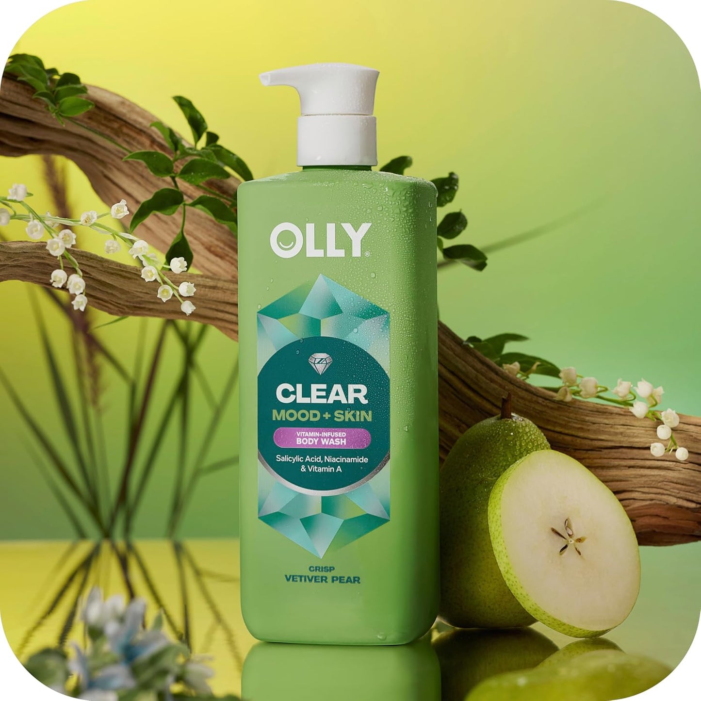 OLLY Body Wash - Clear Mood + Skin with Salicylic Acid, Niacinamide & Vitamin A | 17 Fl Oz for Smoother Skin