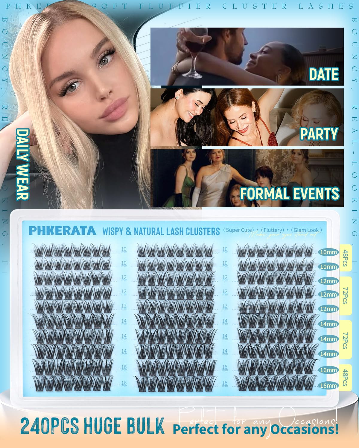 Eyelash Clusters - Natural Wispy Lash Extensions 240 Pcs | DIY Soft C Curly 10-16mm Individual Lashes