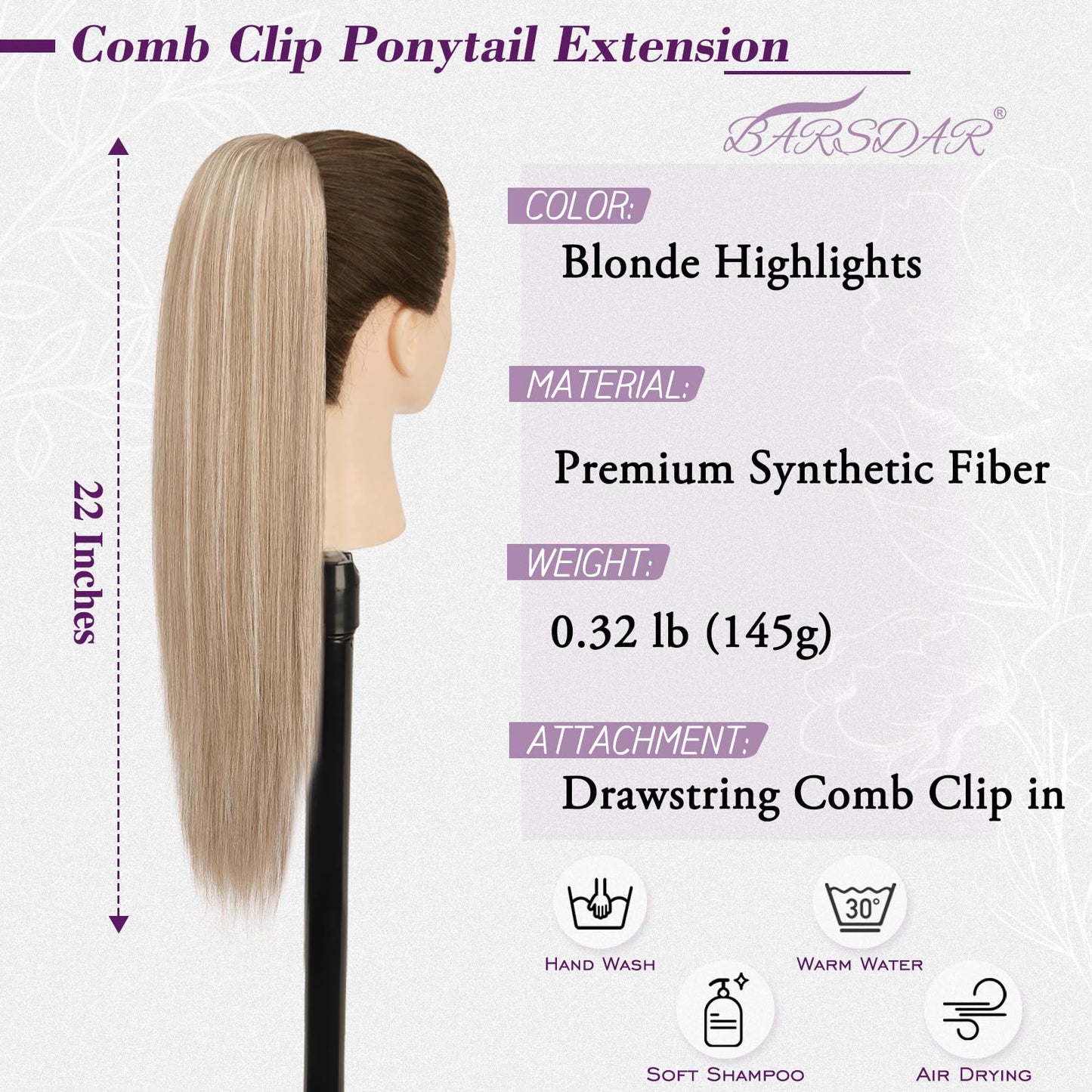 BARSDAR Blonde Straight Drawstring Ponytail Extension - 22 Inch Long Straight Drawstring Blonde Ponytail Extension Natural Looking Soft Synthetic Cheer Posh Pony Tails Hairpieces Daily Party
