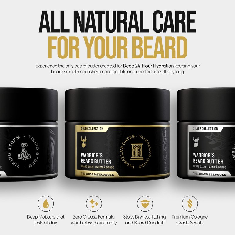 The Beard Struggle Warrior’s Beard Butter Valhalla's Gates - Gold Collection - Non-Greasy Low-Hold Formula, Luxurious Cologne-Grade Fragrances 100% Natural - 50g / 1.76 US. oz. Warrior-Glass Jar