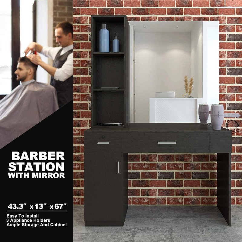 Wall Mount Barber Station - Stylish Salon Equipment with Mirror & Left Shelf - Black Finish