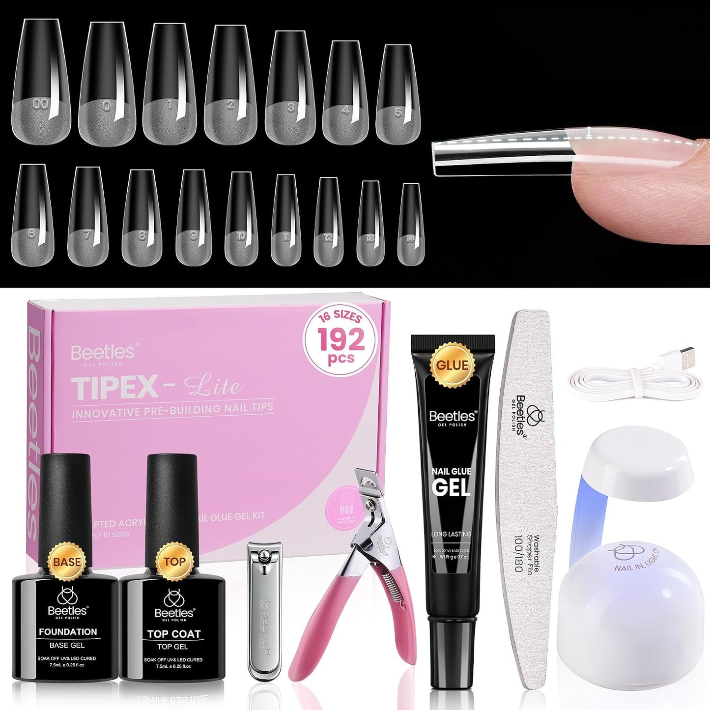 Beetles Tipex Lite Kit - All-in-One DIY Nail Art Set with Mini UV Lamp, 256PCS, Short Almond, 16 Sizes