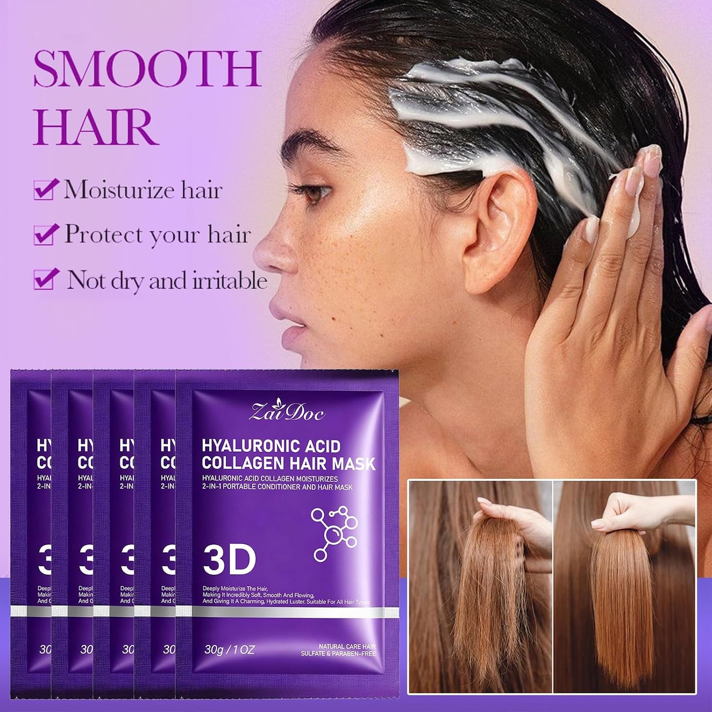 Portable Hair Conditioner Mask - 2-in-1 Hyaluronic Acid & Collagen | Deep Moisturizing Treatment for Dry, Damaged Hair - Travel Size 1oz