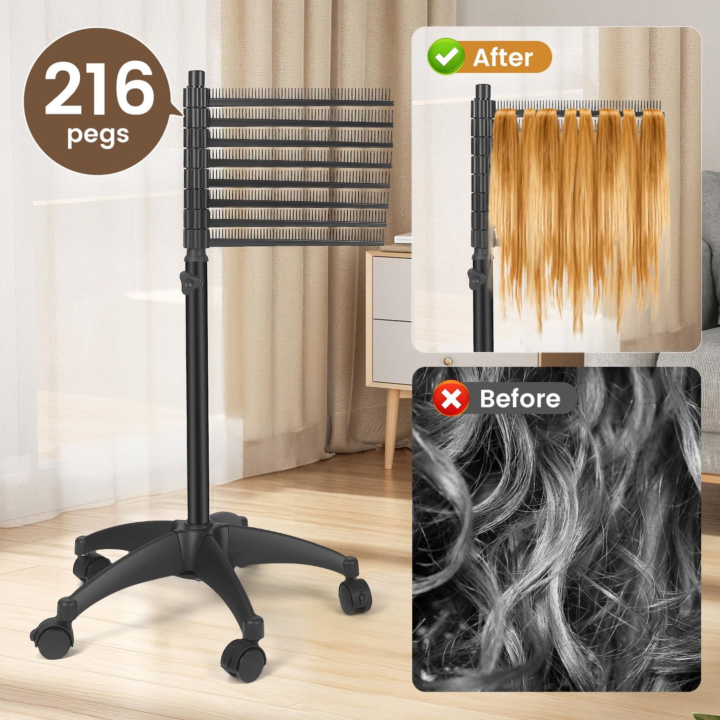 Braiding Hair Rack 216 Pegs, 360° Rotatable Hair Braiding Stand with Wheels, Movable Hair Extension Holder for Hair Stylists, Braiders, Home, Salon, Beauty School, Hair Separator for Braiding