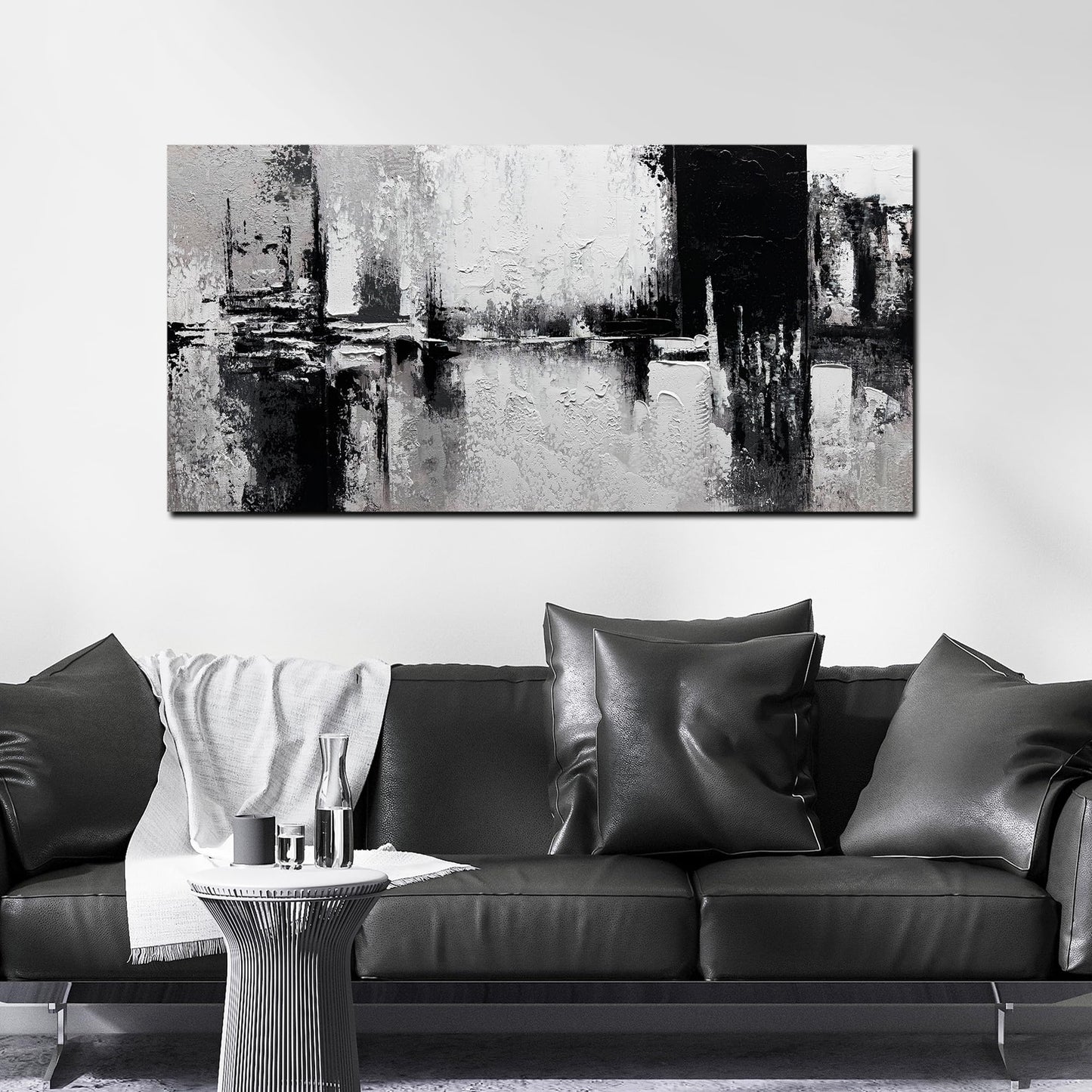 Trogonup Black and White Abstract Wall Art for Living Room Textured Canvas Painting Large Minimalist Modern Artwork for Bedroom Office Home Decor Ready to Hang 24"x48"