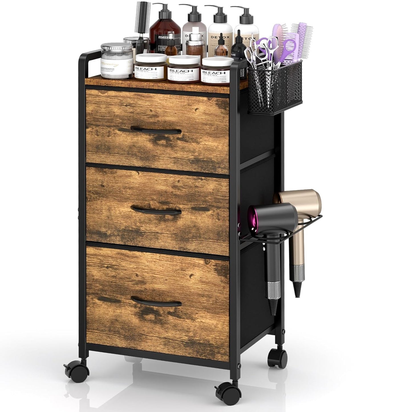 Rolling Salon Trolley Cart - Mobile Hair Stylist Station with Metal Tool Holder & 3 Fabric Drawers | Rustic Brown