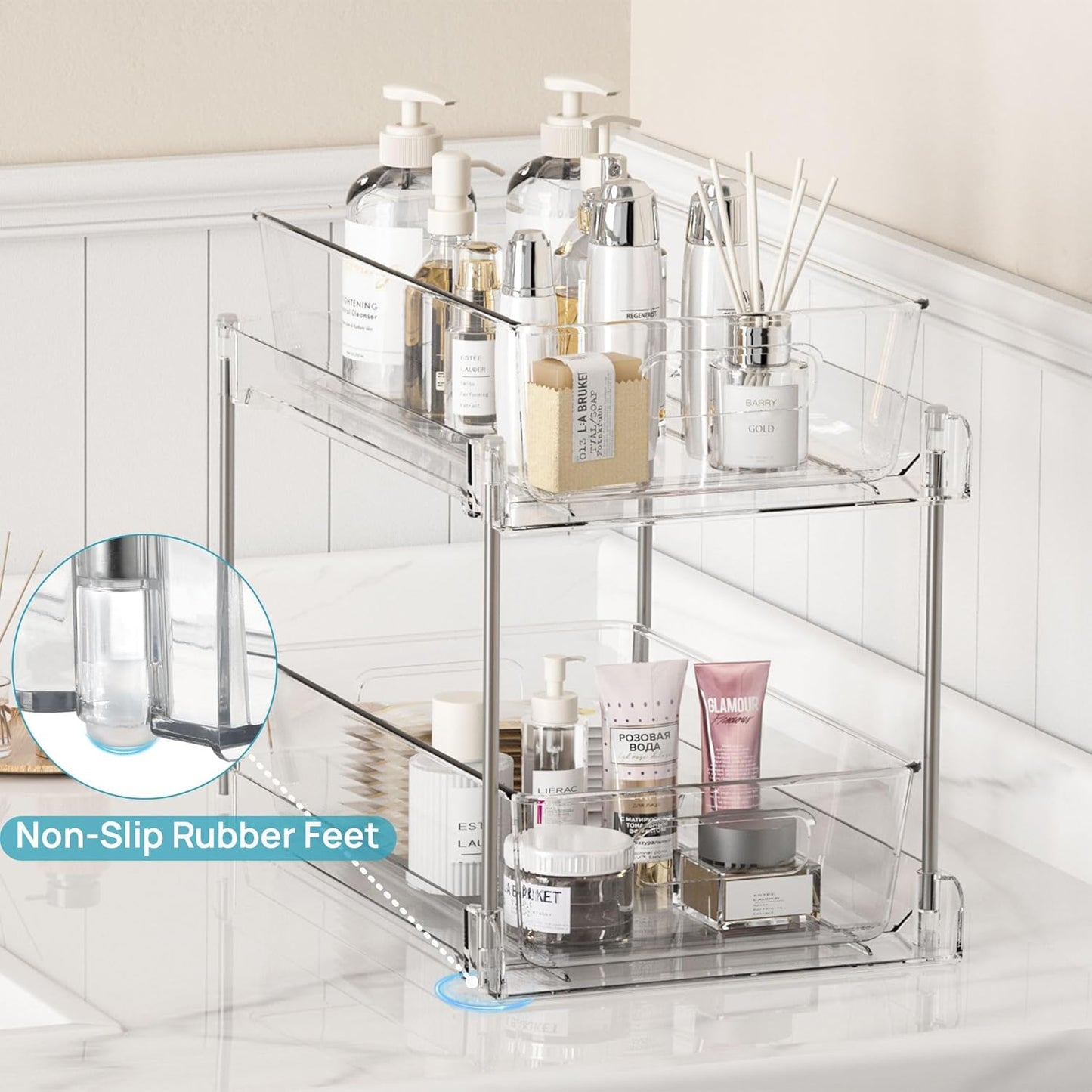 4 Pack Bathroom Organizer - 2 Tier Clear Under Sink Storage Bins | Vanity Countertop & Cabinet Drawers