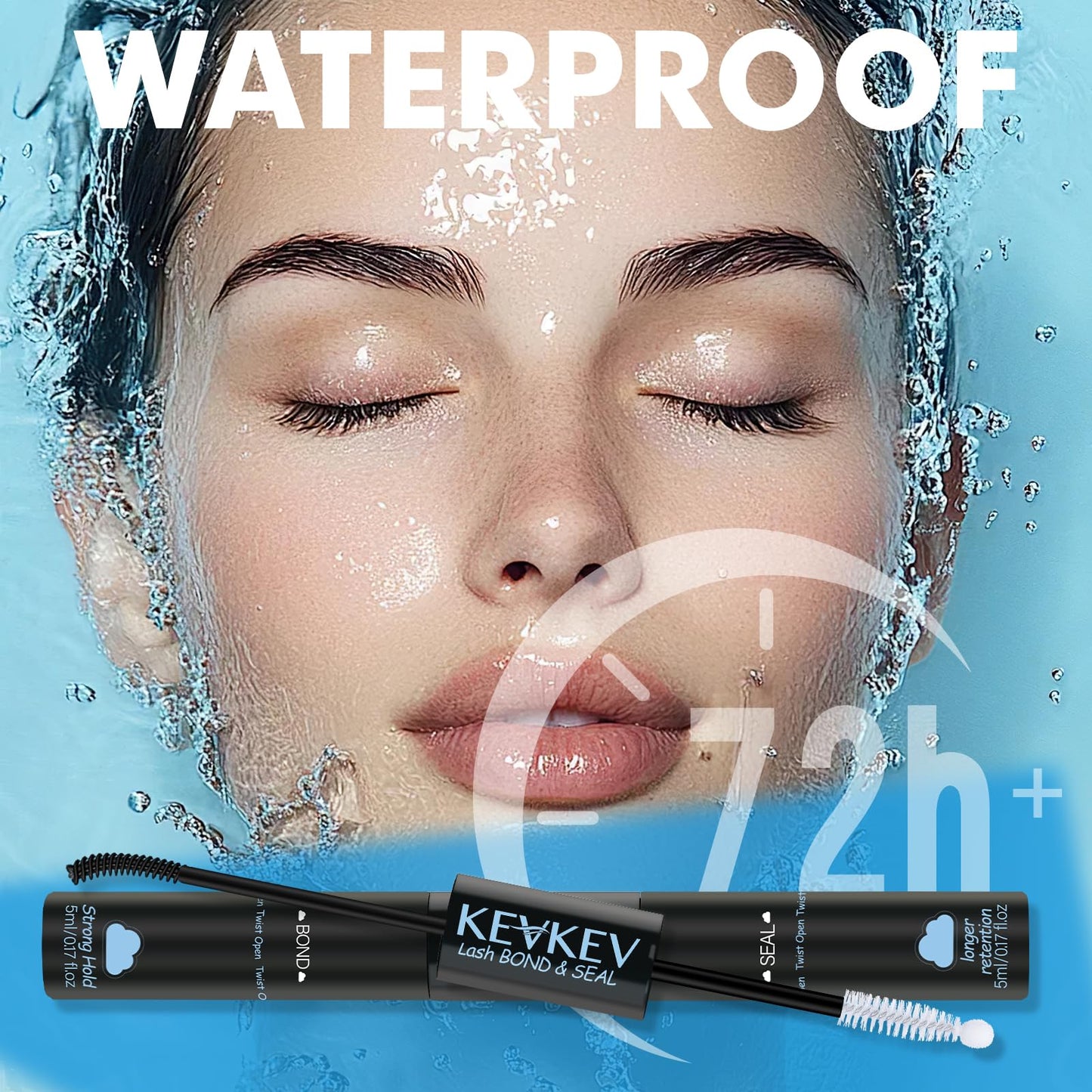 KEVKEV Lash Cluster Glue, Bond And Seal Lash Glue, 2 in 1 Waterproof Lash Bond & Seal for Clusters Strong Hold 72H+ Oilproof Latex-Free Easy To Apply (10ml, Black)