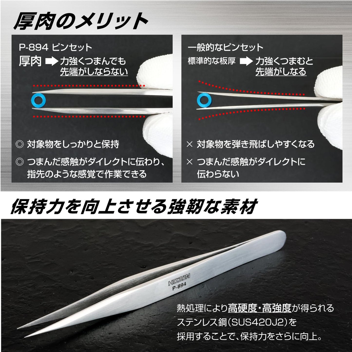 Hozan P-894 Heavy Duty Tweezers, 0.25mm tip