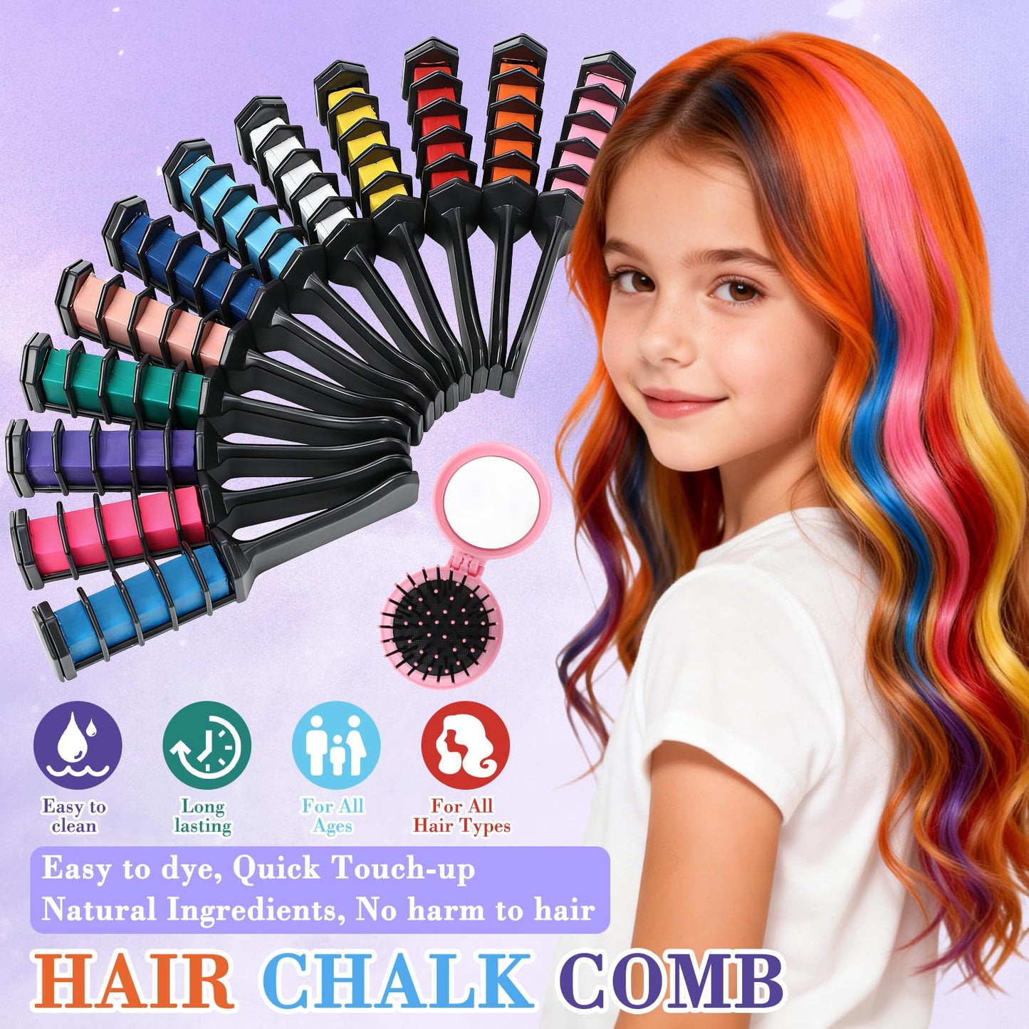 12 Colors Hair Chalk Comb, Temporary Hair Color Dye for Girls, Washable Hair Chalk with Air Bag Comb and Spray Bottle, Festive Fun Hair Chalk Combs, Birthday Christmas New Year Gifts Hair DIY Party