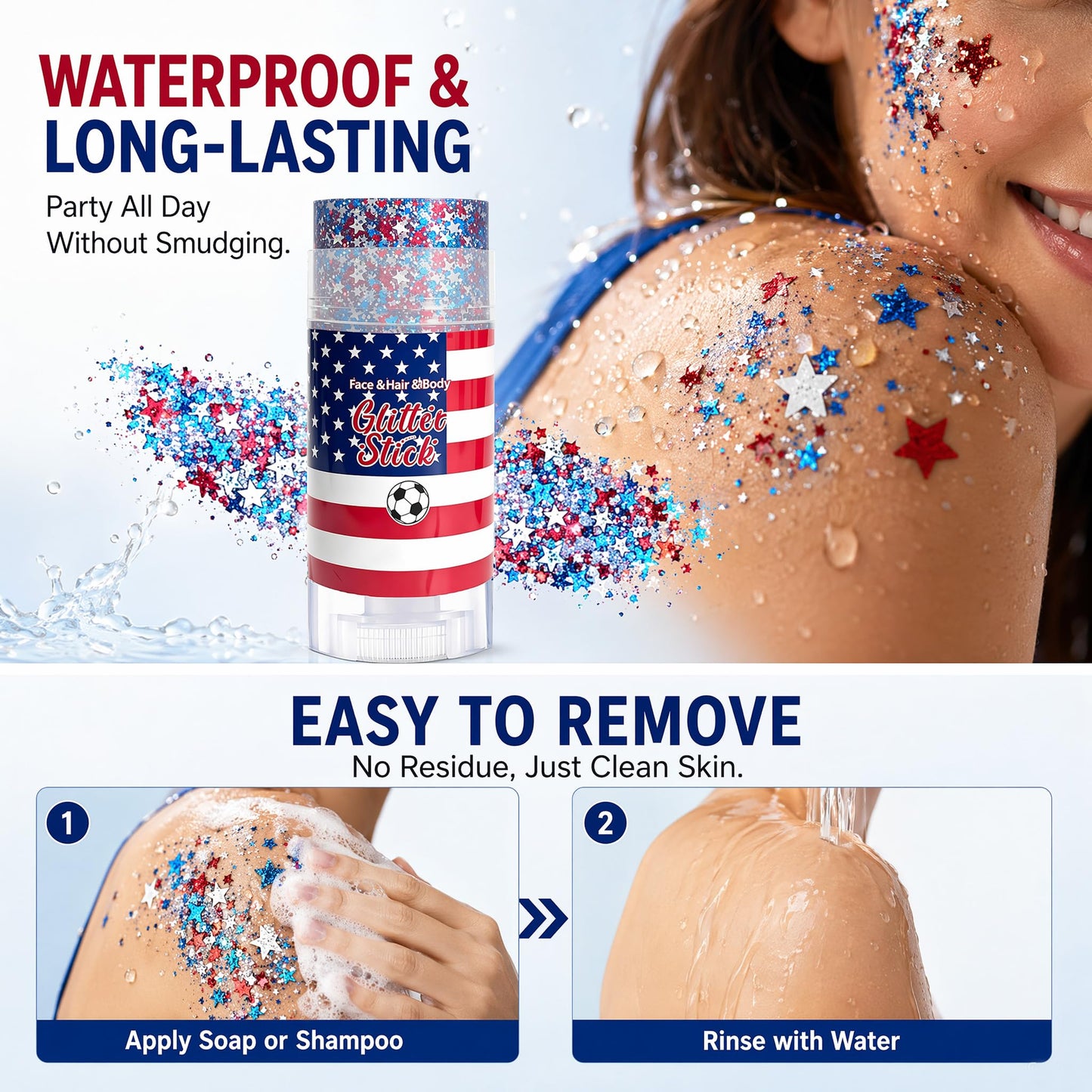 4th of July Glitter Stick, Patriotic Face & Body Glitter Stick, Red White and Blue Glitter Stick, 4th of July Outfits for Women, Waterproof Glitter Makeup for 250th Anniversary of Independence Day