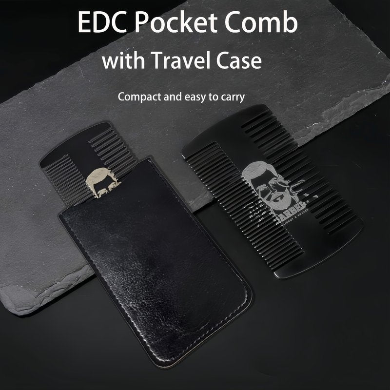 Metal Beard & Mustache Comb for Men - Anti-Static Dual Action - Credit Card Size Stainless Steel EDC Comb, Lice Wallet Pocket, Fine Cutting Teasing Barber Hair Styling - Black