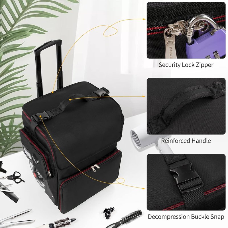 Makeup Train Case - Large Cosmetic Organizer for Hairstylists | Heat Insulation, Detachable Pouch, Trolley with Wheels